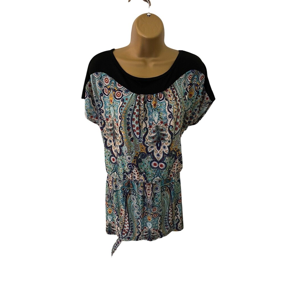 Sixteen Paisley Blouson Tunic Top Tie Waist Blue Black 1X